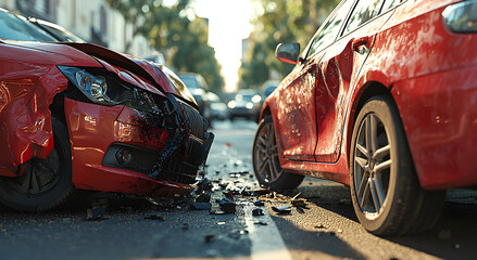 Side view of two cars involved in a minor road incident on a busy street. Generative AI