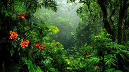 Lush Rainforest Canopy With Vibrant Orange Flowers