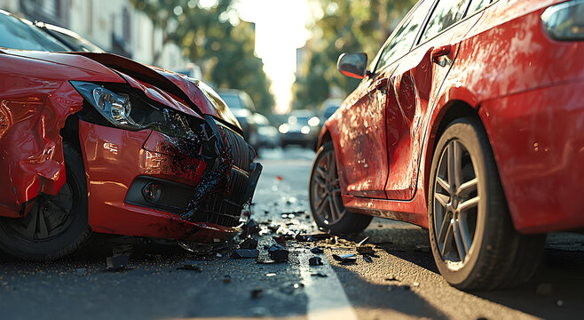 Side view of two cars involved in a minor road incident on a busy street. Generative AI