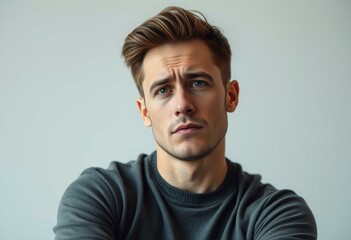 Naklejka premium Male portrait with cold pastel background, expressing negative emotions