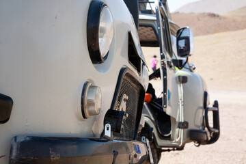 Detail of distinctive Russian off-road vehicle in remote region of Mongolia.