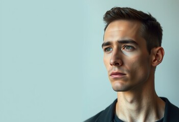 Male portrait with sad expression on pastel background