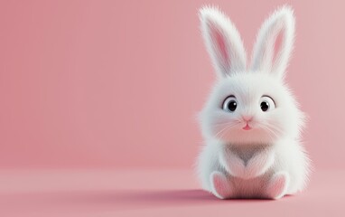 Obraz premium Fluffy white bunny sitting on a pastel pink background, with soft fur details and big round eyes