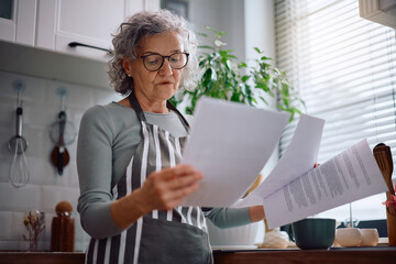 Senior woman analyzing some documents at home.