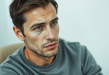 Photorealistic natural light male portrait on cold-colored pastel background