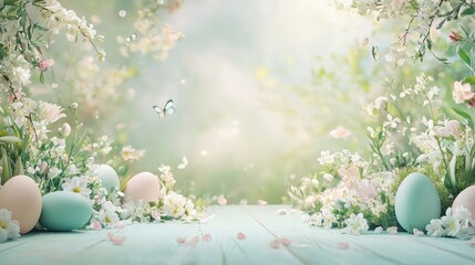 Pastel Easter Eggs Nestled Among Spring Blossoms and Butterflies