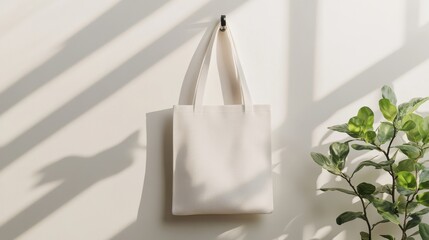 Of a White tote bag mockup hanging on a minimalistic wall hook, ideal for eco-friendly branding presentations