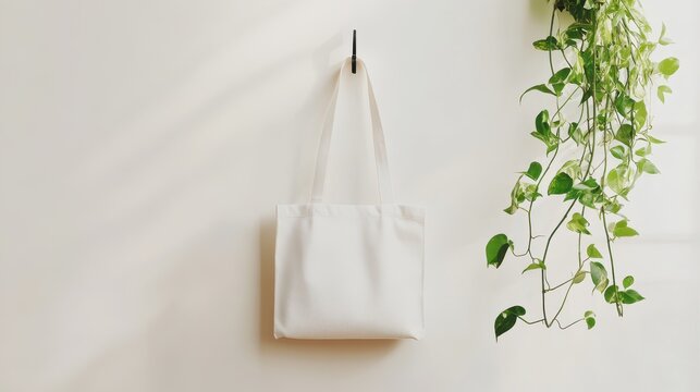 Of a White tote bag mockup hanging on a minimalistic wall hook, ideal for eco-friendly branding presentations