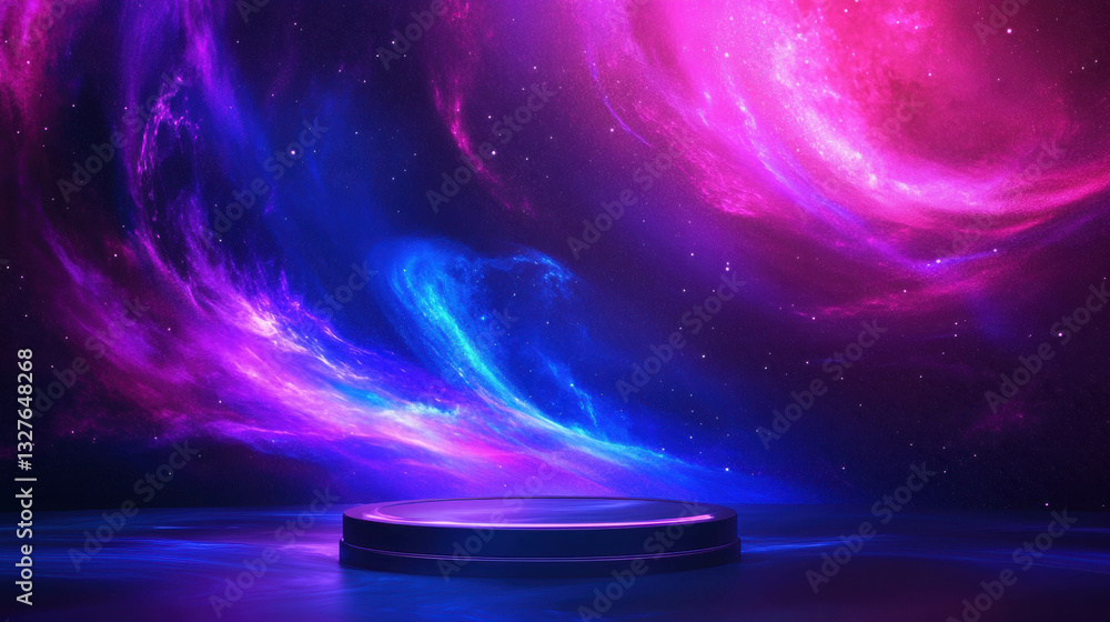 Poster vibrant abstract background with podium and cosmic swirls for design and display