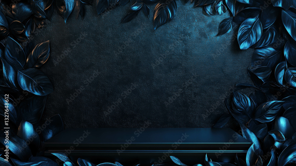 Poster elegant abstract background with metallic podium and dark botanical elements