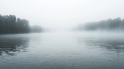 Fototapeta premium Mysterious river scenery enveloped by dense fog, creating a tranquil atmosphere