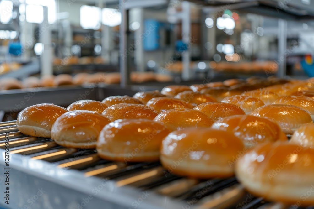 Poster close-up of glazed doughnuts moving along a conveyor belt in a modern bakery, highlighting the autom