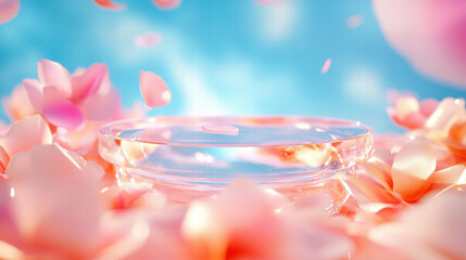 Floral glass podium amidst falling petals in tranquil abstract background