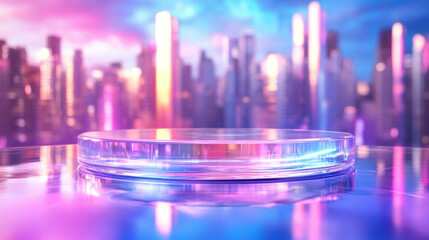 Futuristic urban skyline with glass podium in neon lights for display and design