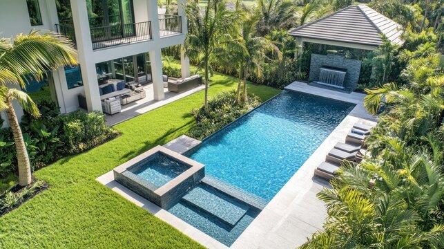 Luxurious backyard oasis with a modern swimming pool and spa, surrounded by lush landscaping and a contemporary home
