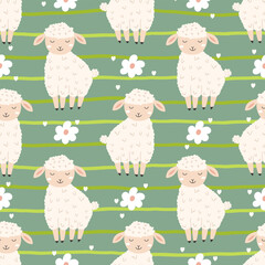 Minimalist and elegant seamless vector pattern fluffy sheep, and nature-inspired florals, perfect for wrapping paper, baby clothing, and seasonal decorations