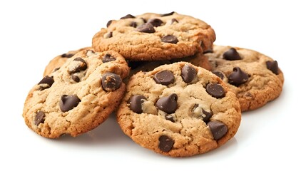 Pile of chocolate chip cookies isolated on white background
