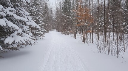 Obraz premium Snow Covered Trail Through Winter Woods