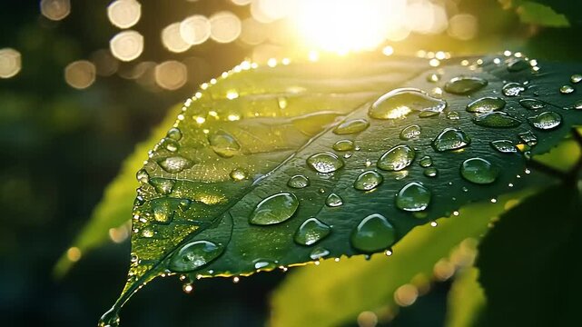 Macro dew drops cling to a wet green leaf, capturing the fresh morning of nature's spring rain