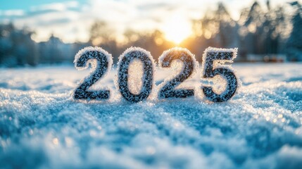 Inscription "2025" on snow against the background of construction, New Year greetings, Happy New Year