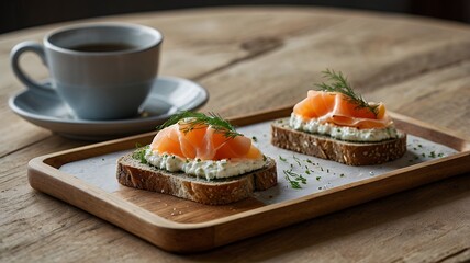 Swedish breakfast – an open-faced sandwich with whole grain bread, cream cheese, lightly salted salmon, and dill, with a cup of freshly brewed coffee.