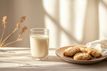 Minimalist breakfast with glass of milk and golden cookies in Saint Petersburg Generative AI