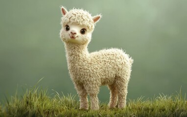 Obraz premium Fluffy baby alpaca on a pastel green meadow, on a pastel green background