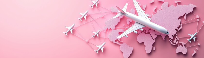 Air Travel Concept with 3D Airplane on Pastel Pink Background and Shipping Network Illustration