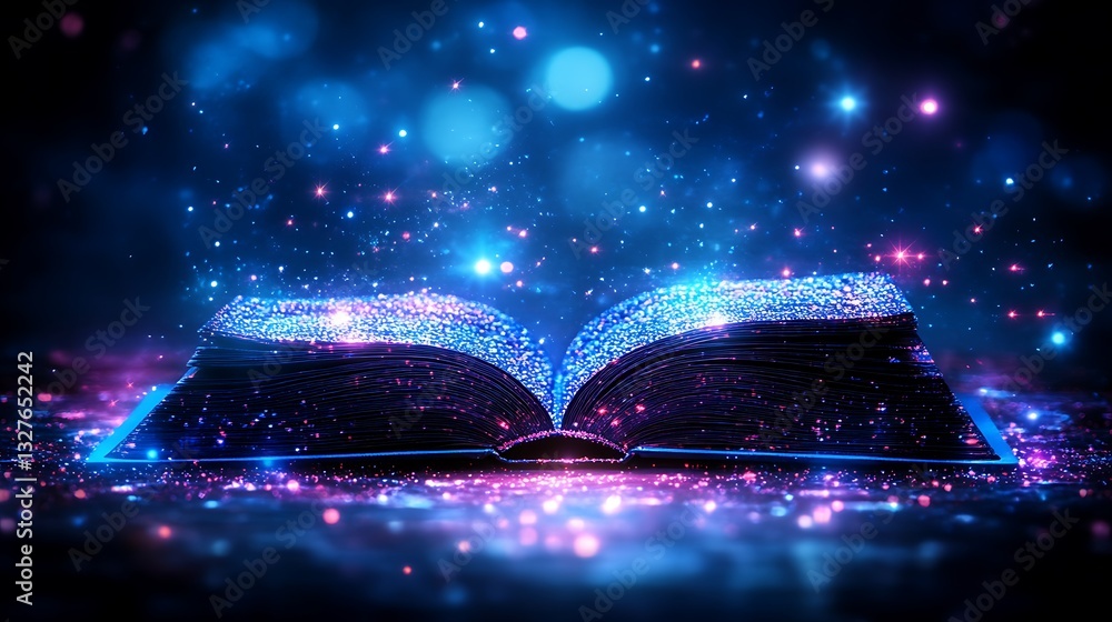Poster the open book illuminating the space with magical light and particles