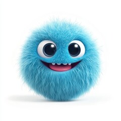 Fluffy blue monster emoji with big round eyes and a joyful smile, isolated on clear white background