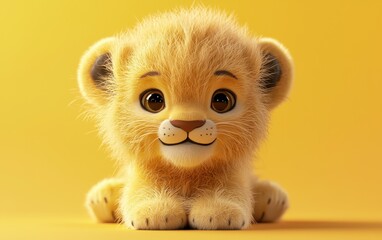 Fototapeta premium Fluffy lion cub with a playful expression, on a pastel golden background