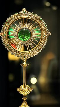 Intricate golden monstrance with emerald center displayed under soft lighting in a historical museum