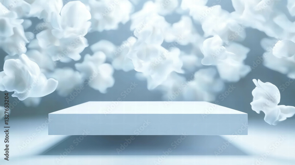 Poster abstract background with floating white platform amid soft white shapes