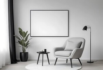Minimalist interior with blank mockup frame and rounded light grey chair – great for design and home inspiration