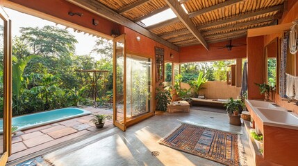 Fototapeta premium Naturally lit open air bathroom merges indoor and outdoor spaces
