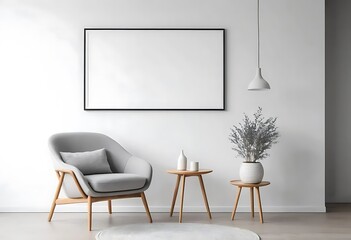 Minimalist interior with blank mockup frame and rounded light grey chair – great for design and home inspiration