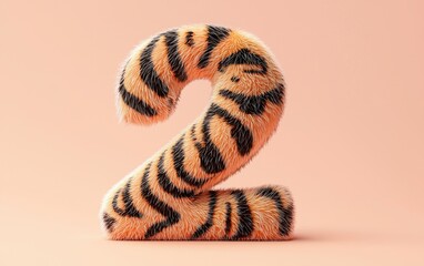 Naklejka premium Number 2 shaped from tiger fur with soft orange and black stripes, placed on a pastel peach background
