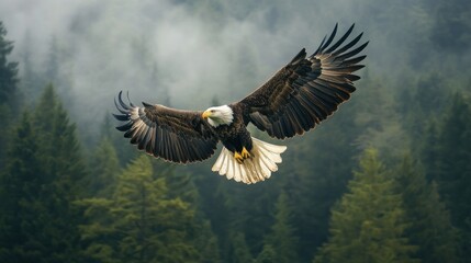Obraz premium Bald eagle majestically soaring over a tranquil forest landscape with misty background