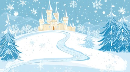 Winter wonderland features a castle on a snow covered hill