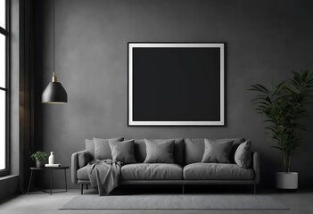 Classic modern dark loft room blank mockup frame on grey wall – perfect for design and home photography