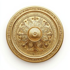 Fototapeta premium Large golden first-place trophy with circular design and intricate engravings, isolated on a pure white background
