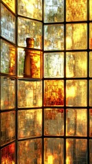 Golden Glass Block Wall Design with Intricate Patterns
