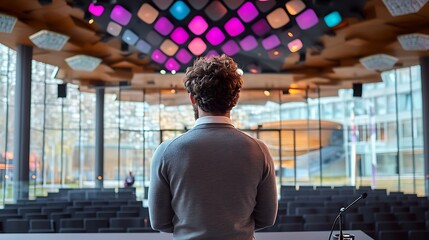 Man Preparing for Presentation in Modern Auditorium with Colorful Lighting