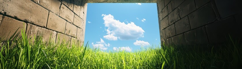 Abandoned Stadium Concept Under Clear Blue Sky and Green Grass with Deserted Atmosphere