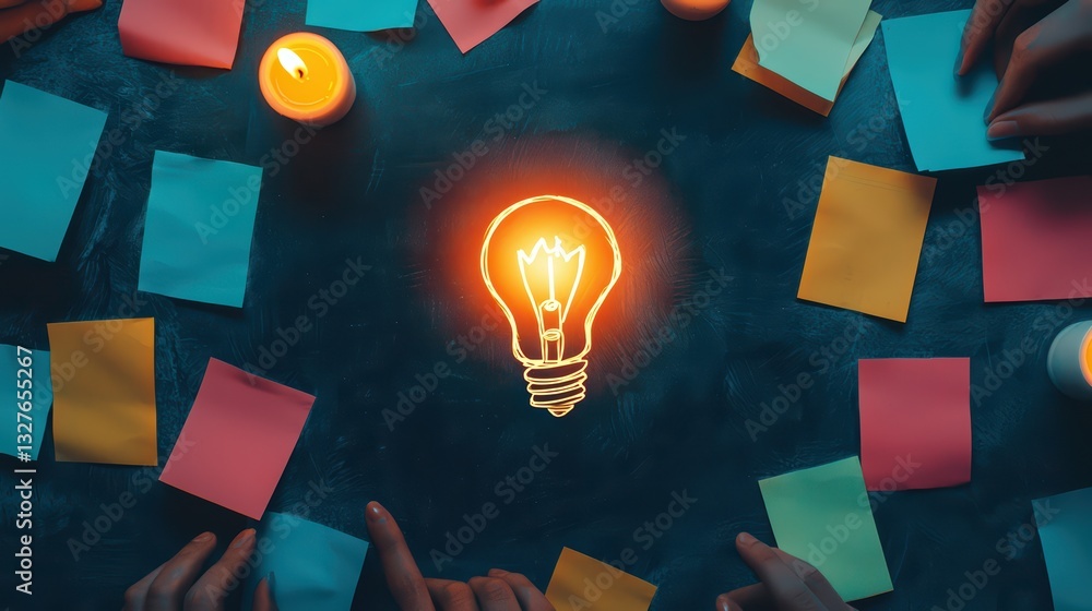 Poster creative brainstorming session with light bulb and colorful sticky notes on dark table