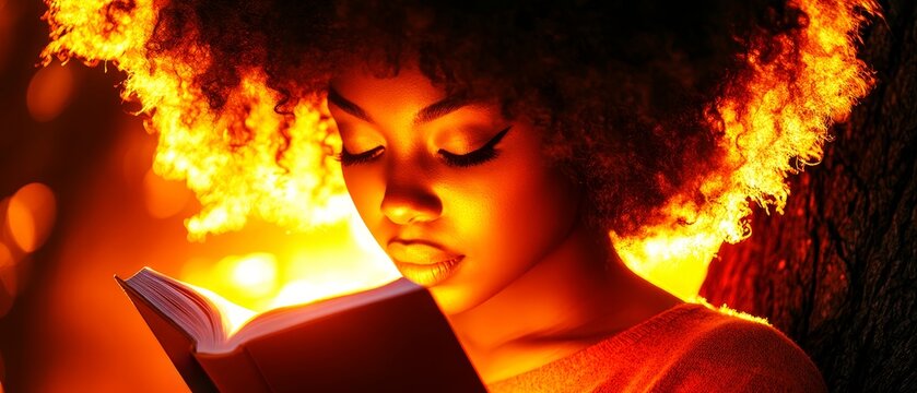 A young African American woman with an afro reads a book illuminated by warm, orange light - Powered by Adobe
