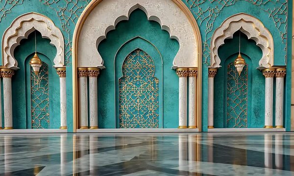 Elegant teal and gold Islamic archway with marble columns and hanging lanterns, reflecting on a shiny floor.