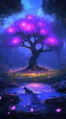 A luminous purple tree beside a tranquil body of water