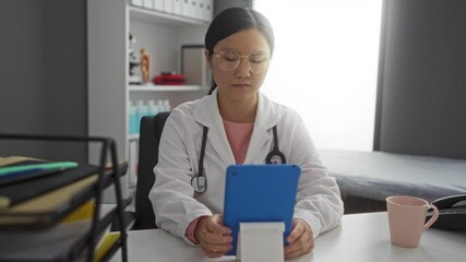 Woman wearing glasses and lab coat using tablet in hospital office showcasing professional healthcare setting with medical equipment.