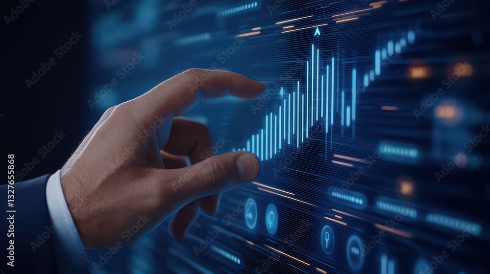 Poster business growth concept with hand gesture on interactive data visualization screen